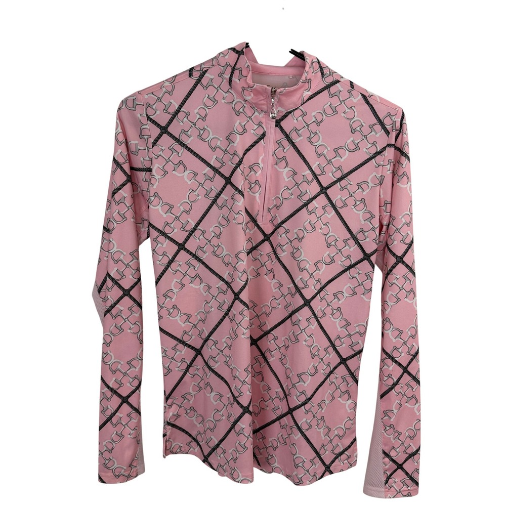 SanSoleil Top Womens Small Pink Equestrian Bit Print UV 50 Quarter Zip Cooling